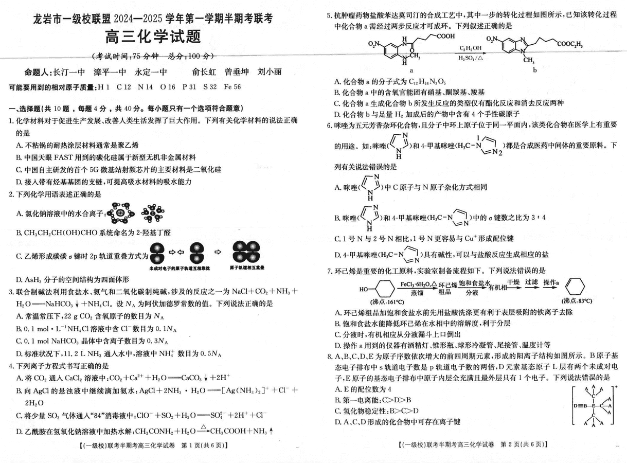 福建龙岩一级校联2025届高三上11月期中化学试题及答案