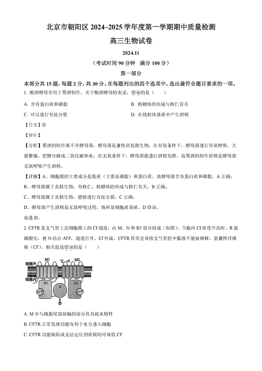 北京朝阳区2025届高三上学期期中生物试题及答案