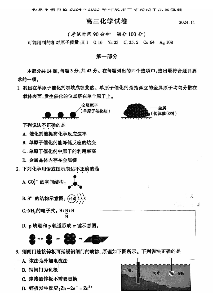 北京朝阳区2025届高三上学期期中化学试题及答案