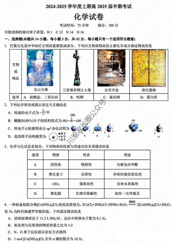 成都七中2025届高三半期考试化学试题及答案解析